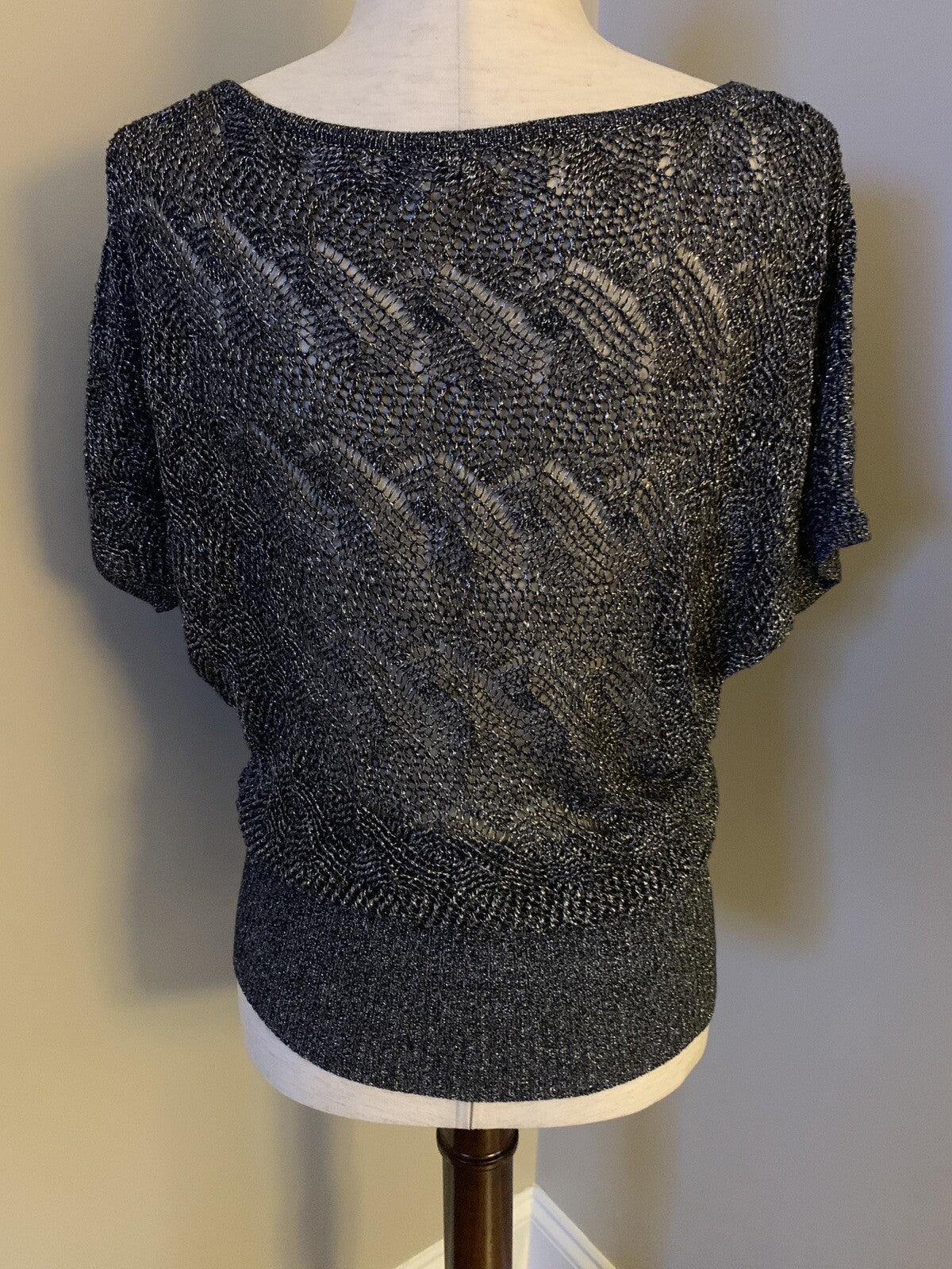 CACHE Open Knit METALLIC Silver Crochet Sweater, Size S1