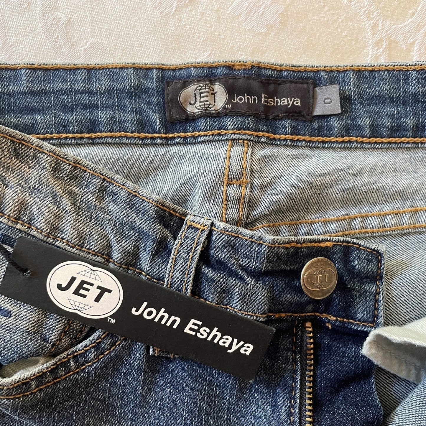 JET John Eshaya New Medium Wash Denim Jeans, camouflage knees, Size 02