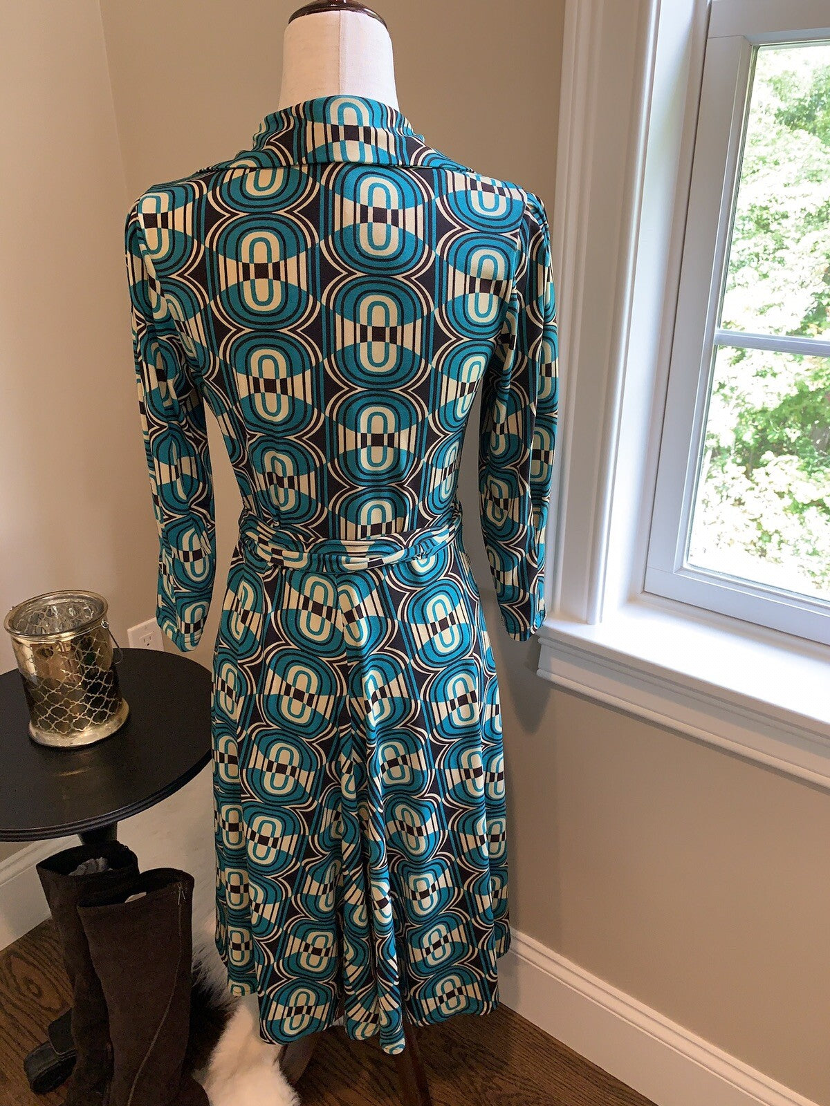 TEMPO PARIS Jade Green, Brown, Cream Geometric Print Dress, Size S1