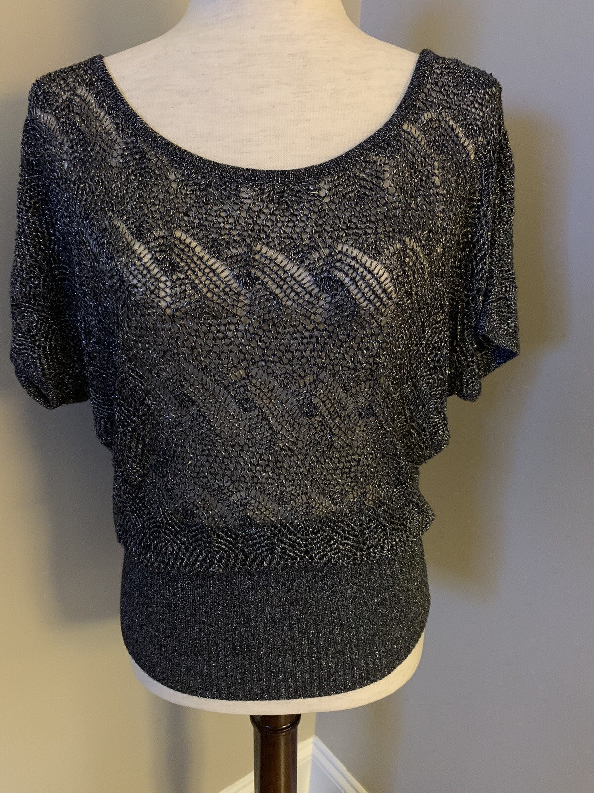 CACHE Open Knit METALLIC Silver Crochet Sweater, Size S0