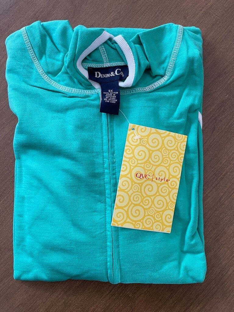 DENIM & CO New Jade Green % Cotton Hoodie w/White Trim and Pockets, Size 3X4