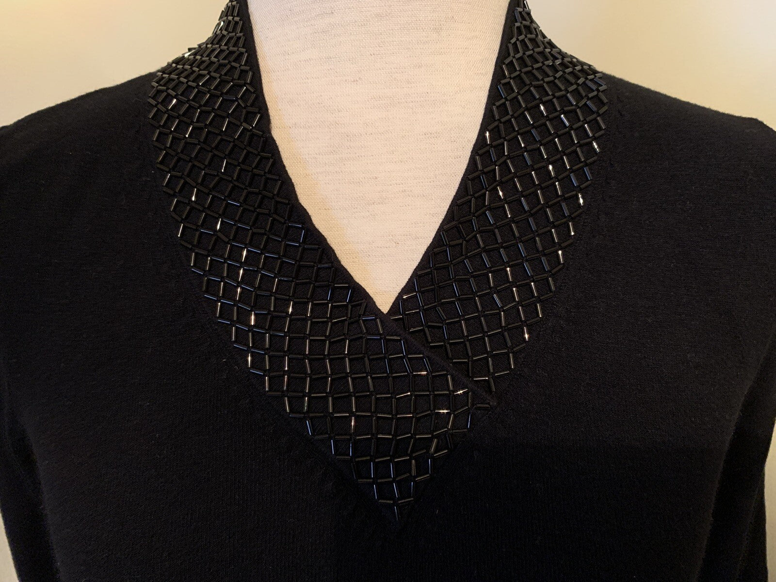 KATHERINE BARCLAY Black Sweater w/Beaded V-Neck1