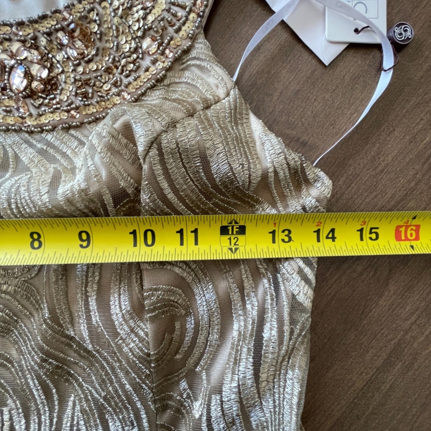 SUE WONG New Gold Sequin Beaded Swirl Dress, Size 29