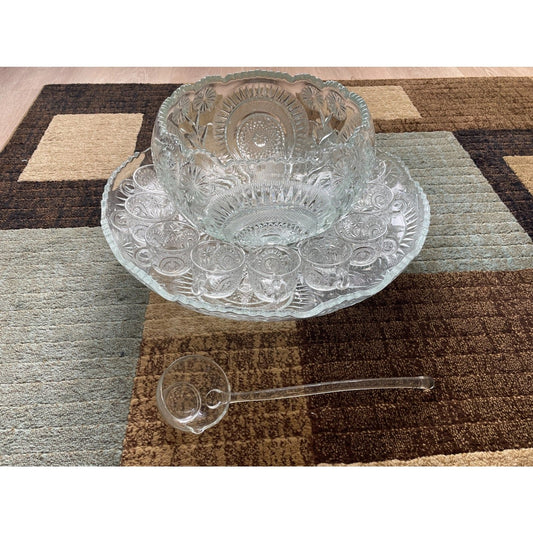 1935 Vintage LE Smith Co. Slewed Horseshoe Daisy /Peacock Punch Bowl Set, 9 cups0