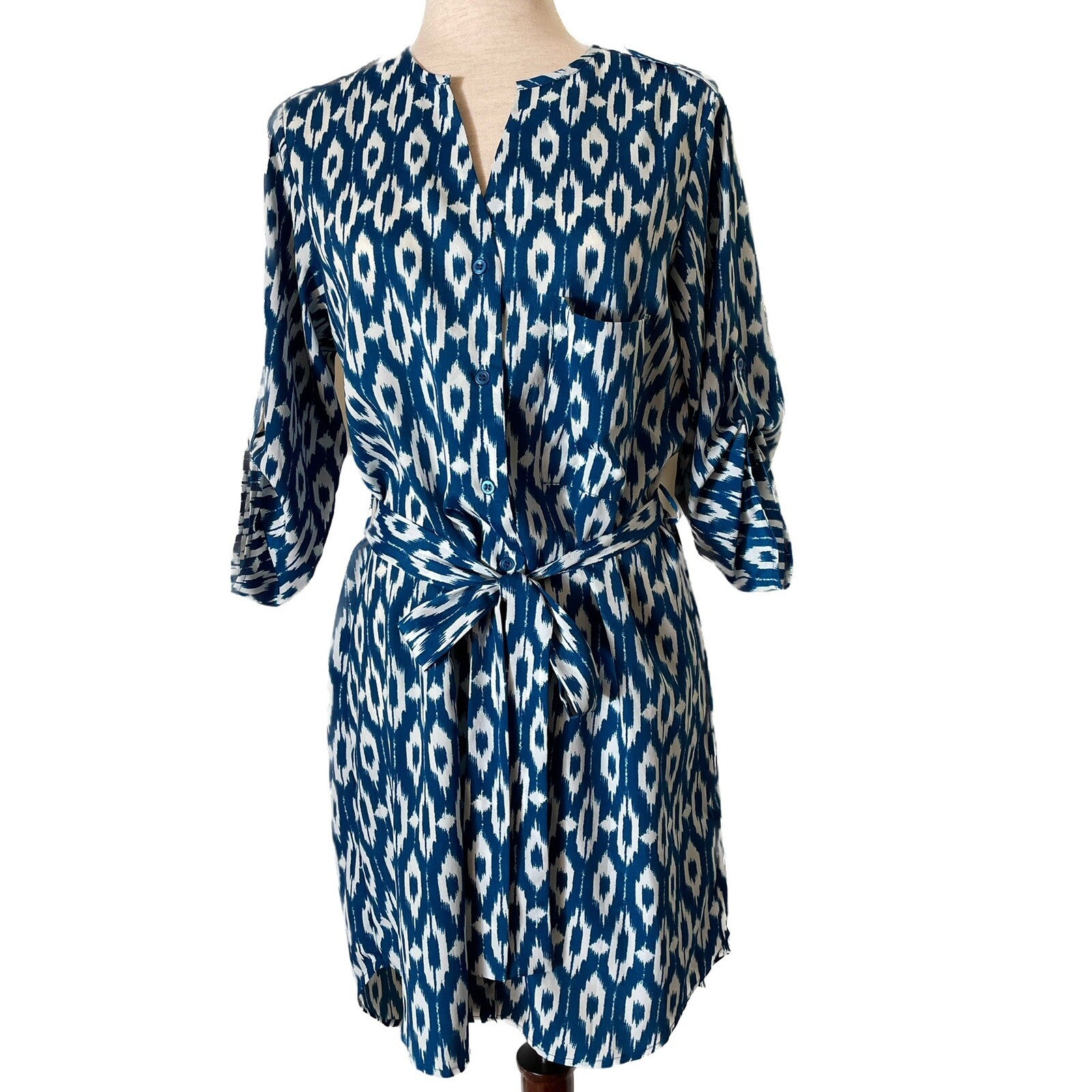 MAEVE Anthropologie Blue and White Aztec Shirt Dress, Size Small3