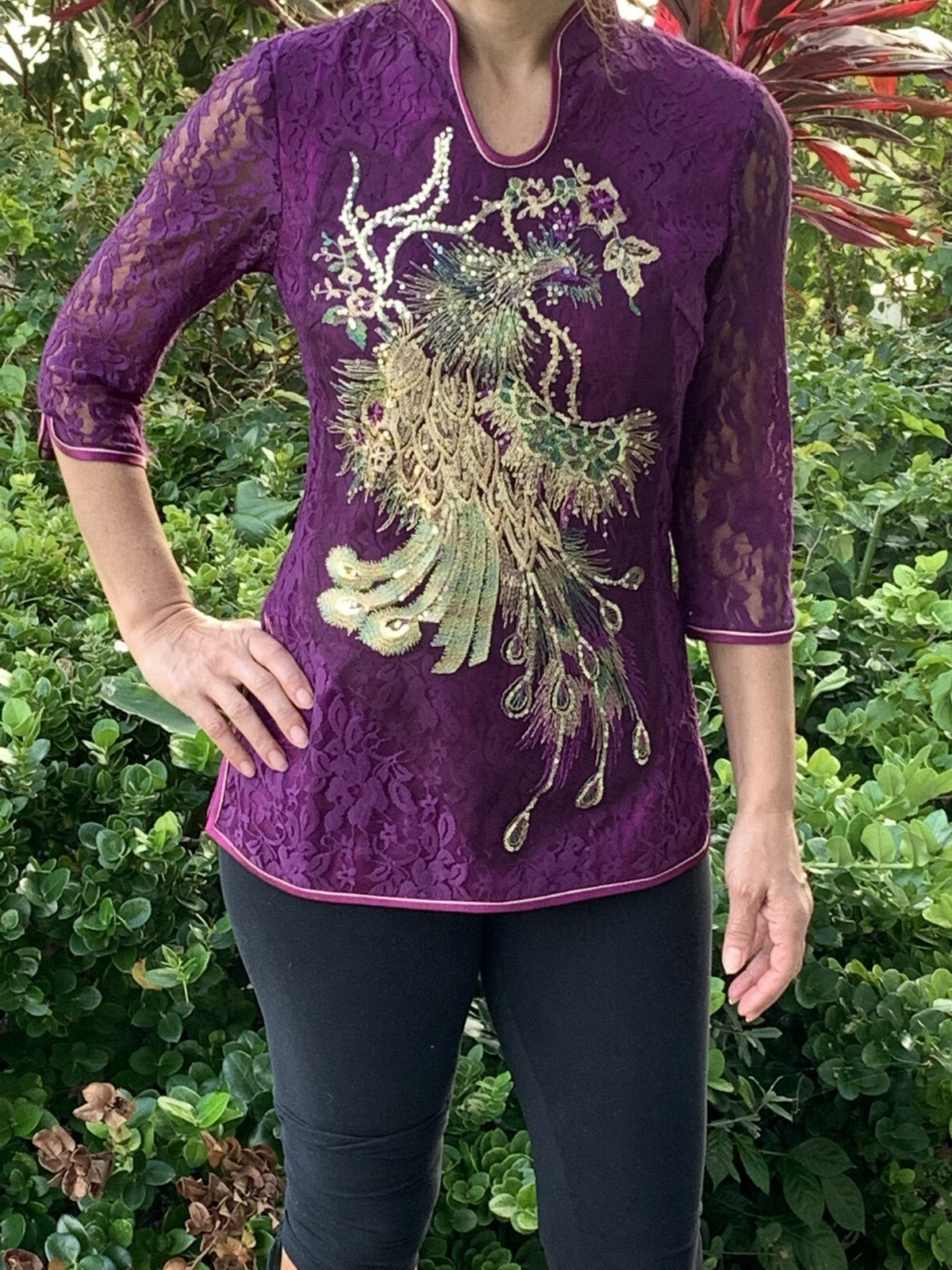 Purple Lace Top with Gold & Green Sequin Peacock0