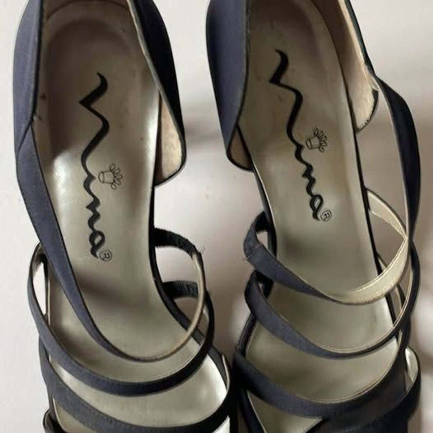 Nina Navy Strappy Leather and Satin 3.5 inch Sandals, Size 8.5M0