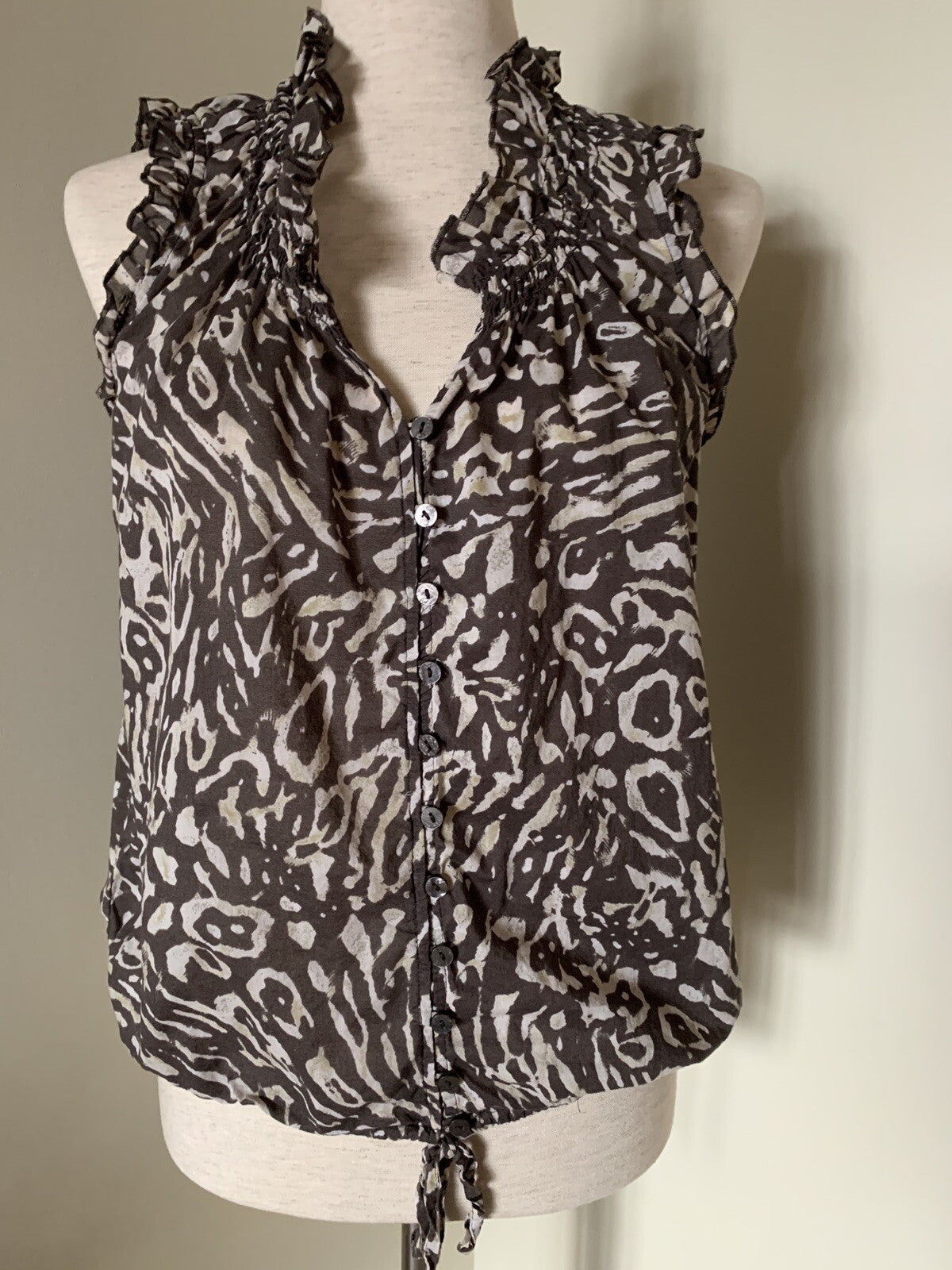 LOFT 100% Cotton Brown & Cream Animal Print Tank with Ruffles0