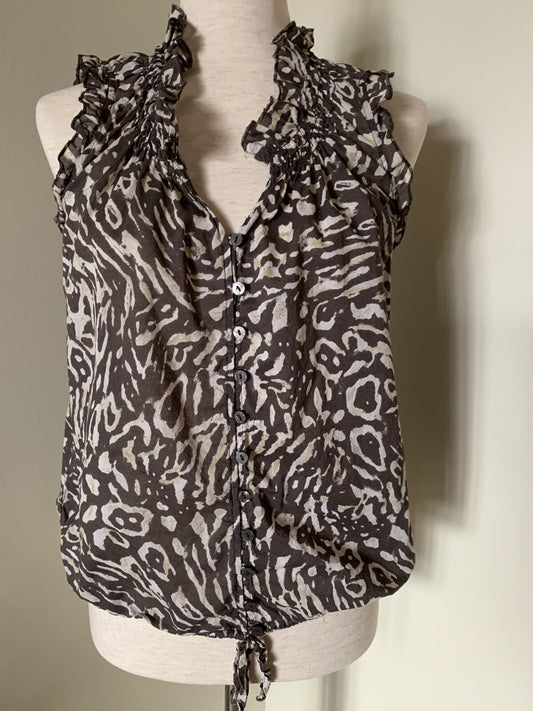 LOFT 100% Cotton Brown & Cream Animal Print Tank with Ruffles0