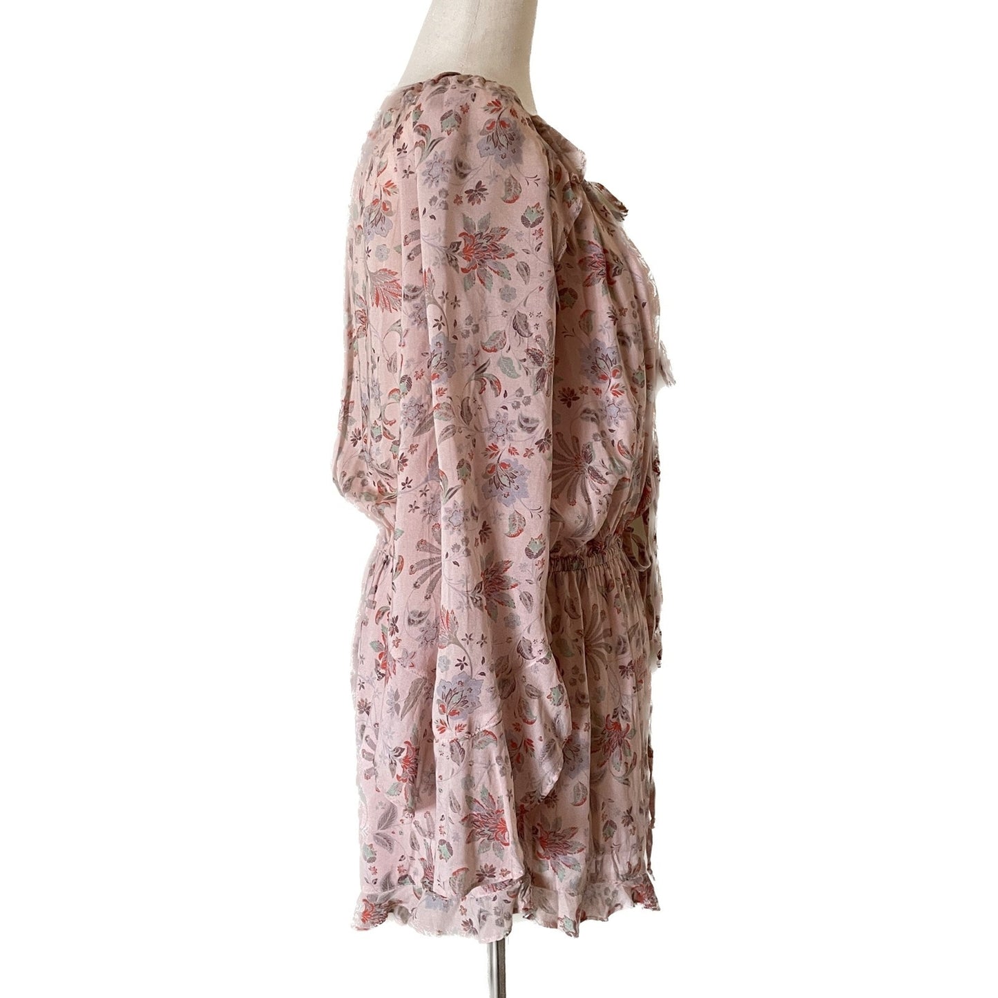 OLIVACEOUS New Peach Floral Rayon Romper with Ruffles, Size S1