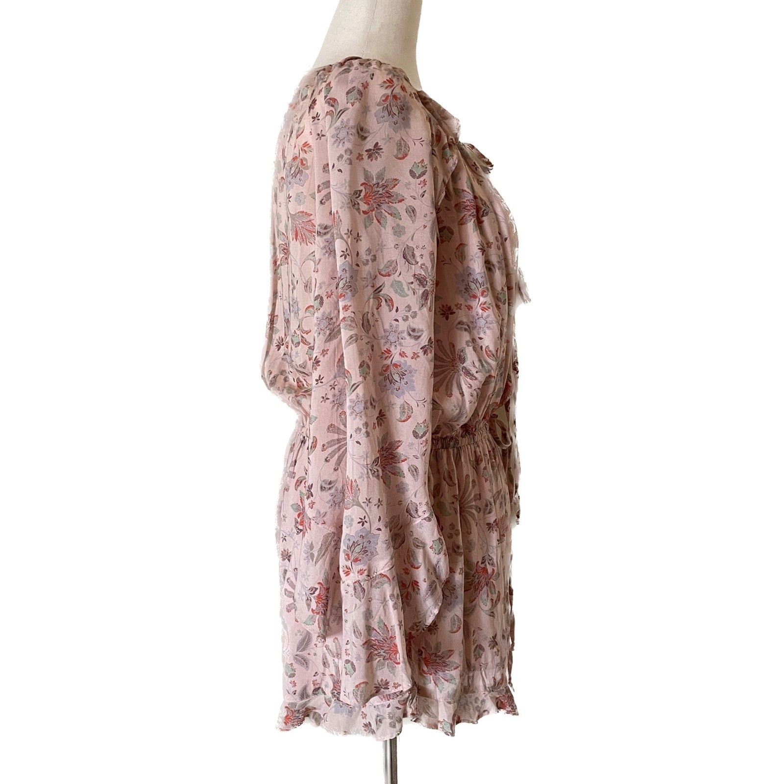 OLIVACEOUS New Peach Floral Rayon Romper with Ruffles, Size S1