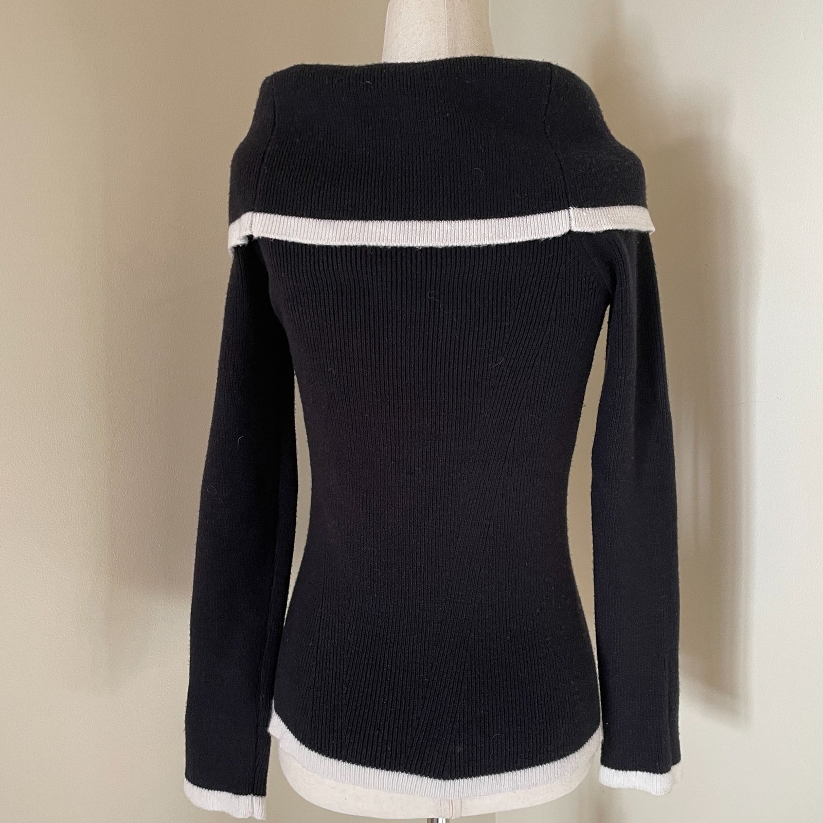 CYRUS New Off the Shoulder Black with White Trim Sweater, Size XS2