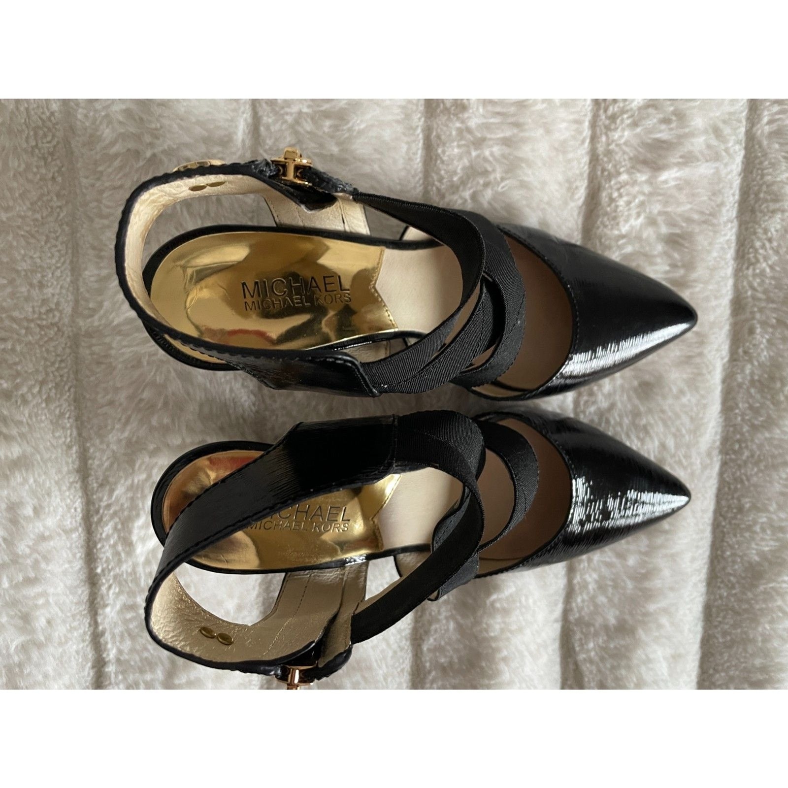 MICHAEL KORS Black Patent Leather Meadow Strappy Pointed-Toe Pump 3" Heels7