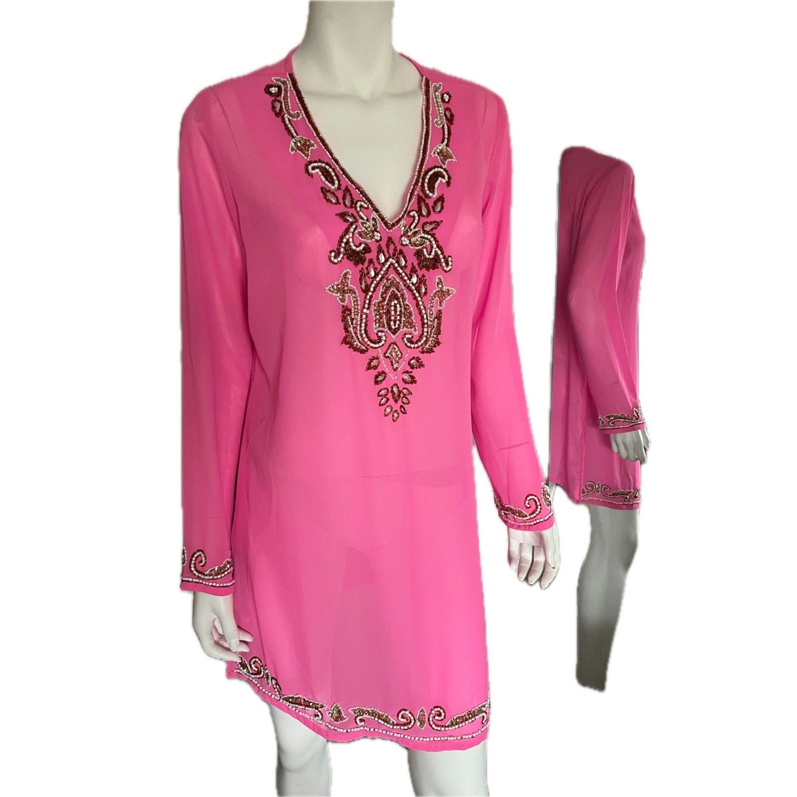 MIX NOUVEAU Pink Beaded Sheer Cover-Up, Size Small2
