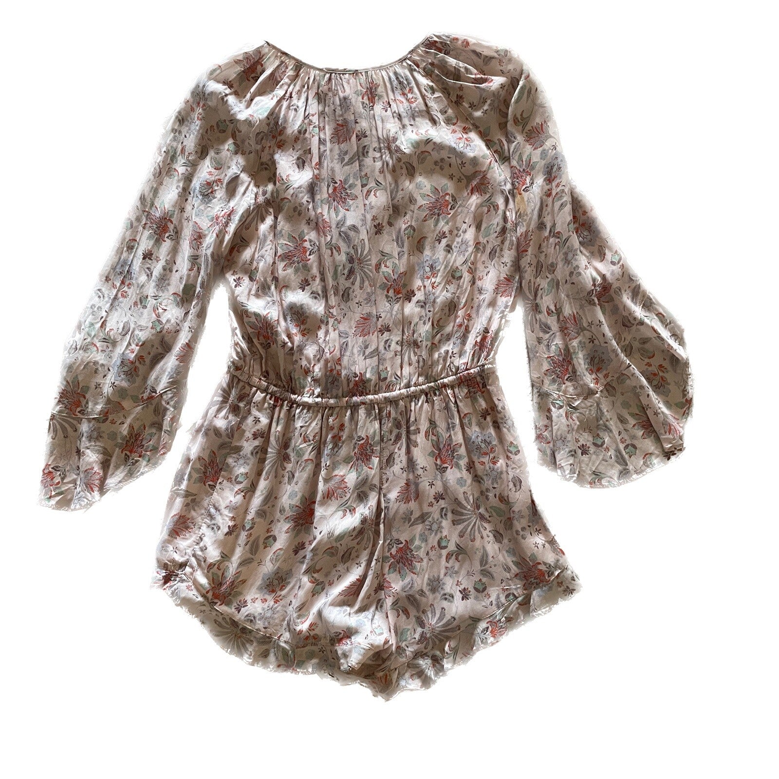 OLIVACEOUS New Peach Floral Rayon Romper with Ruffles, Size S5