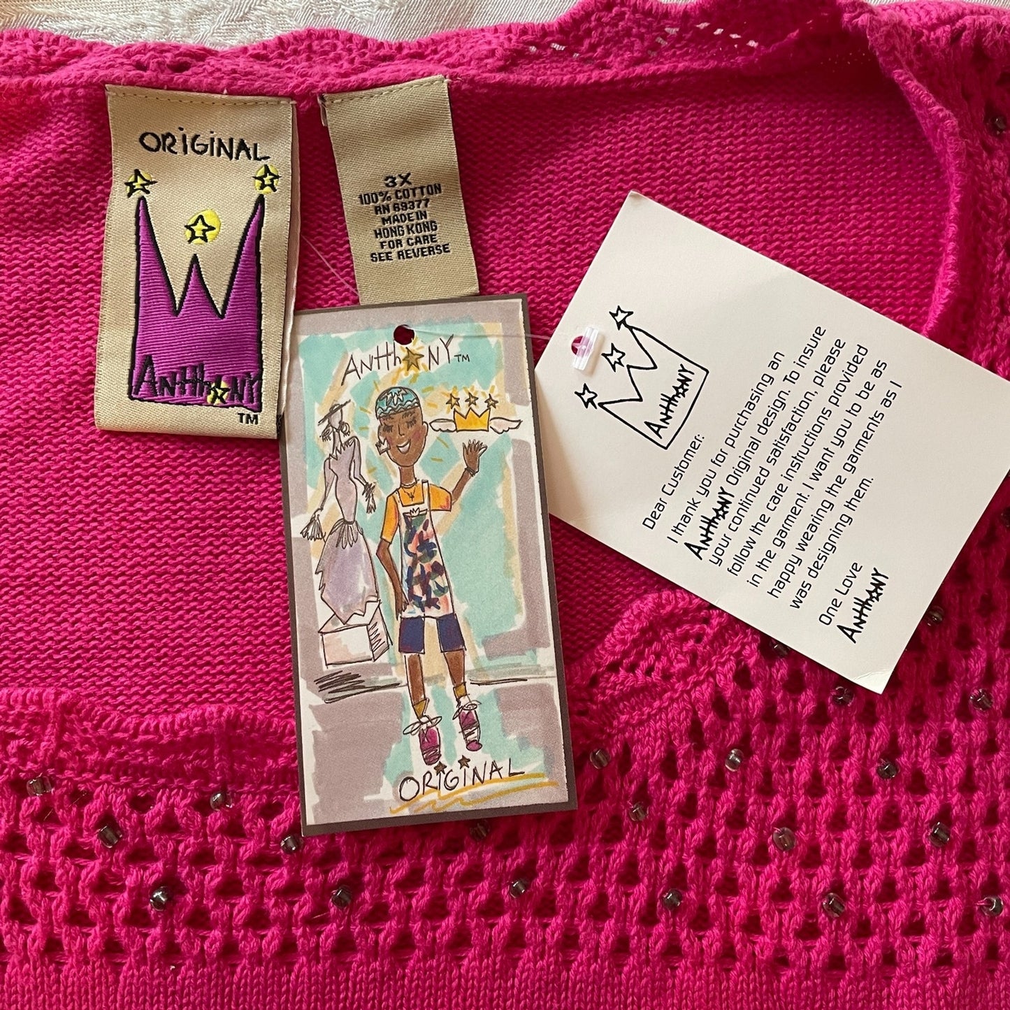 ANTTHONY MARK HANKINS ORIGINAL New % Cotton Crochet Fuchsia Sweater, Size 3X3