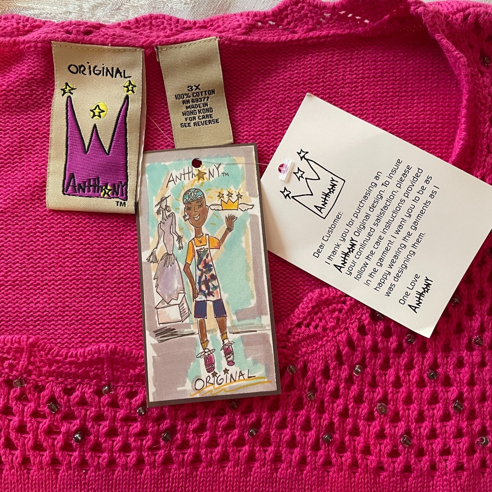 ANTTHONY MARK HANKINS ORIGINAL New % Cotton Crochet Fuchsia Sweater, Size 3X3