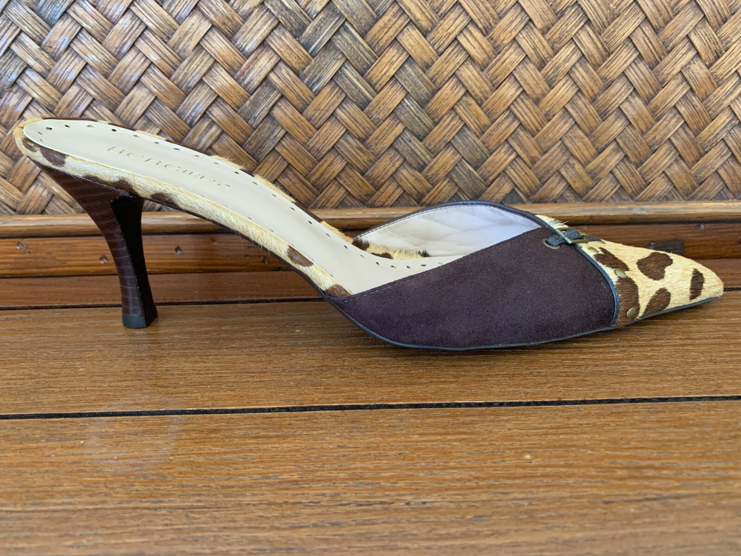 BCBGirls Mink-like Suede Leopard Mules, Size 9.51