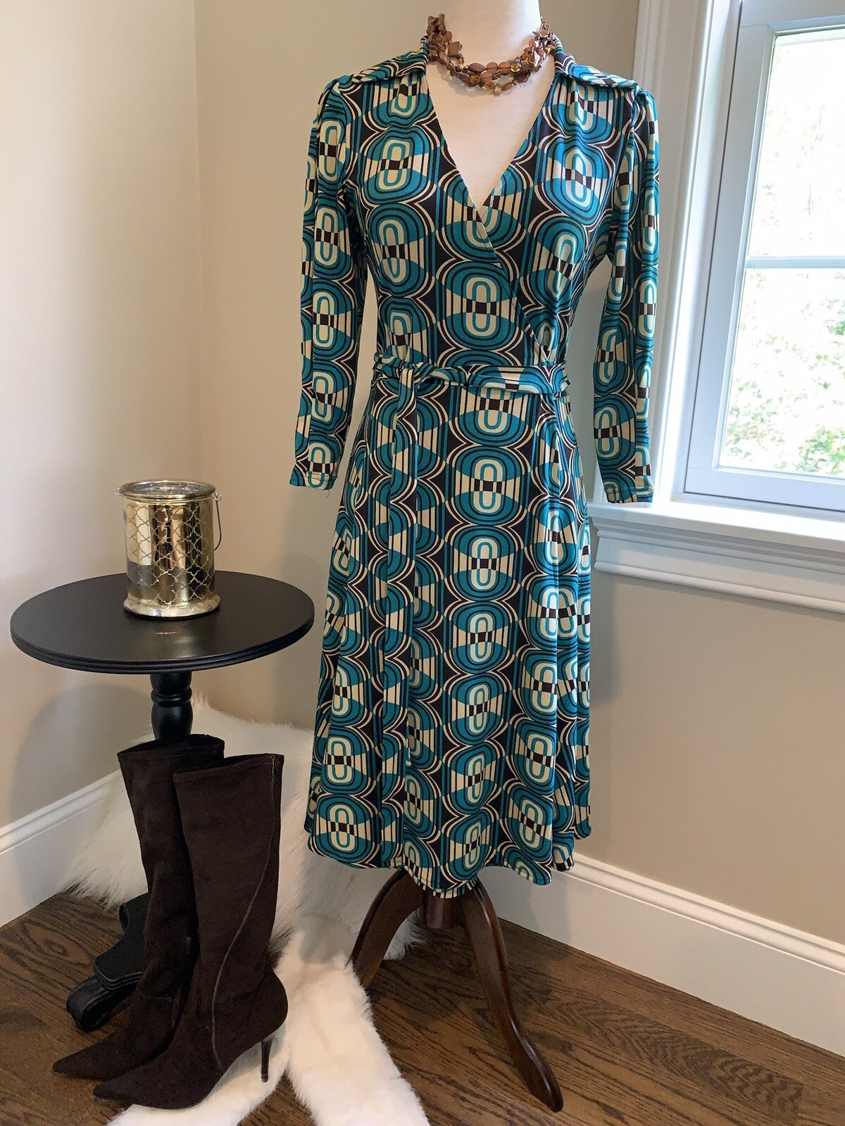 TEMPO PARIS Jade Green, Brown, Cream Geometric Print Dress, Size S0