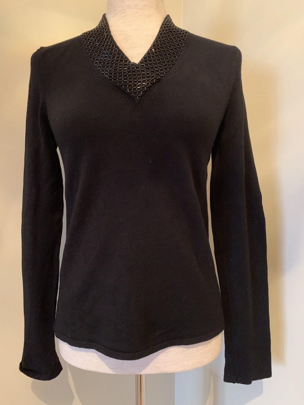 KATHERINE BARCLAY Black Sweater w/Beaded V-Neck0