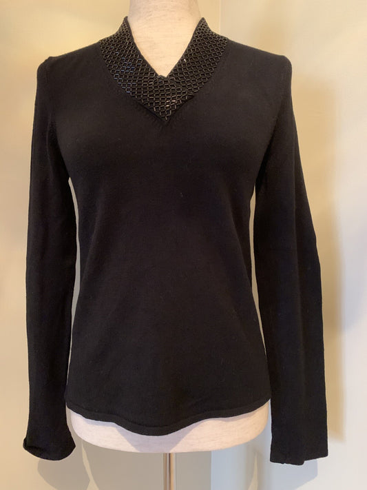 KATHERINE BARCLAY Black Sweater w/Beaded V-Neck0