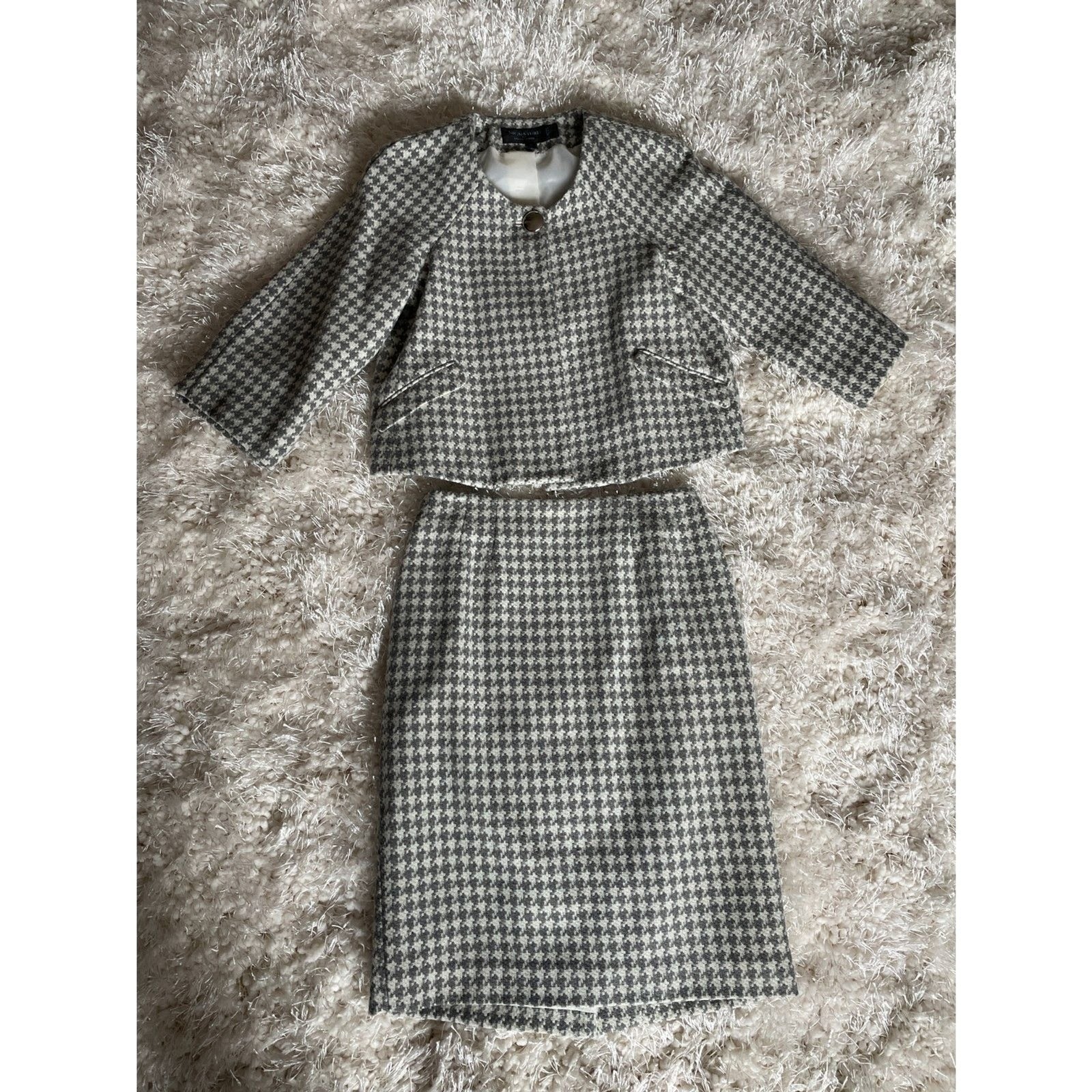 LARRY LEVINE Signature NWOT Soft Gray & Winter White Houndstooth Suit, Size 2P3