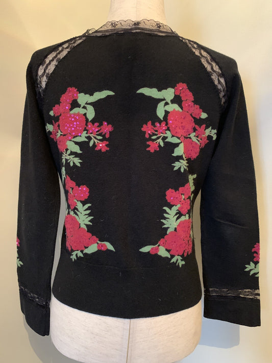 Black Lace Cotton Blend Sweater sequence flowers, Size M/L0