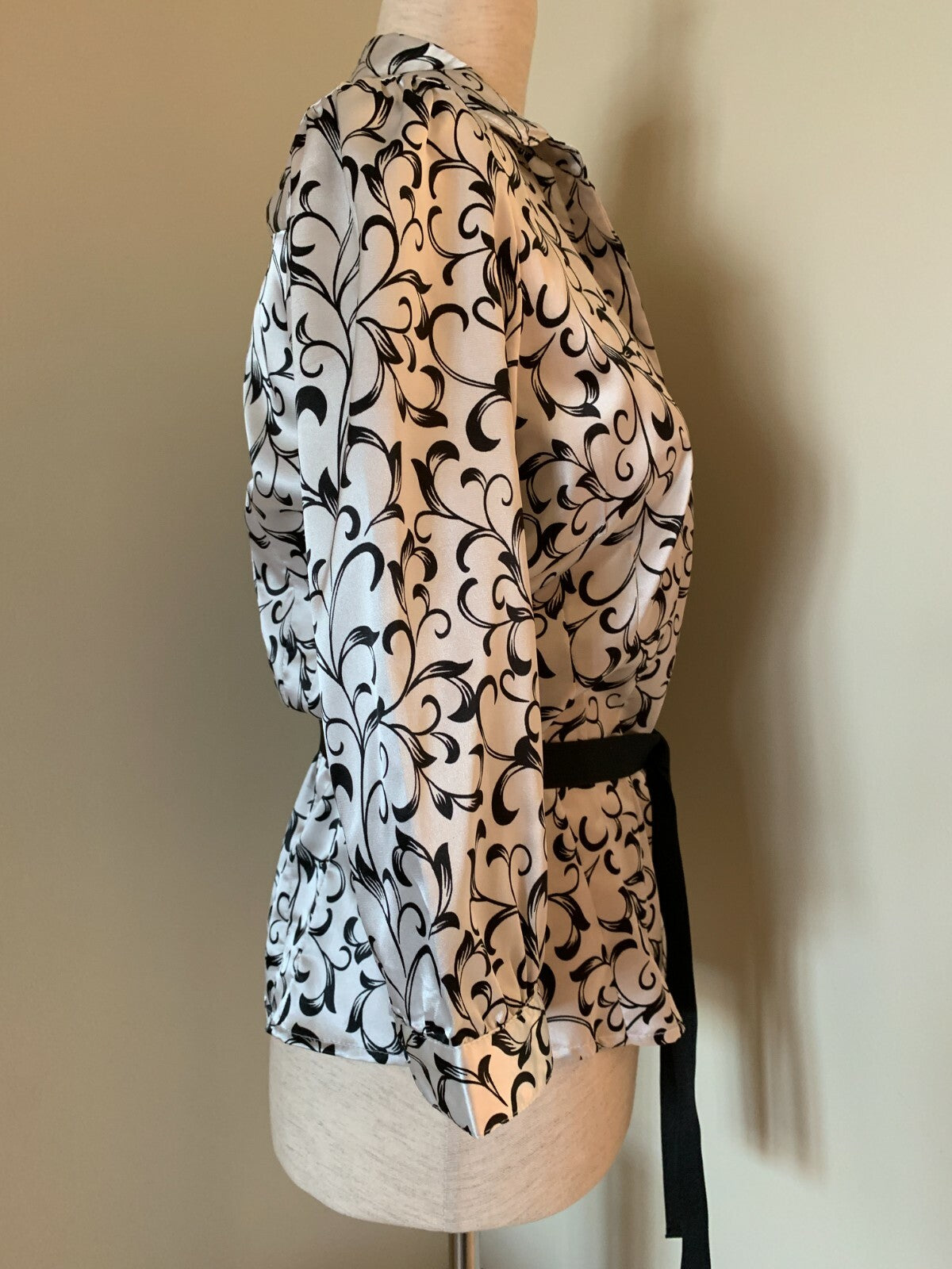 Classic White & Black Swirl Blouse with Ribbon Tie, Size Small2