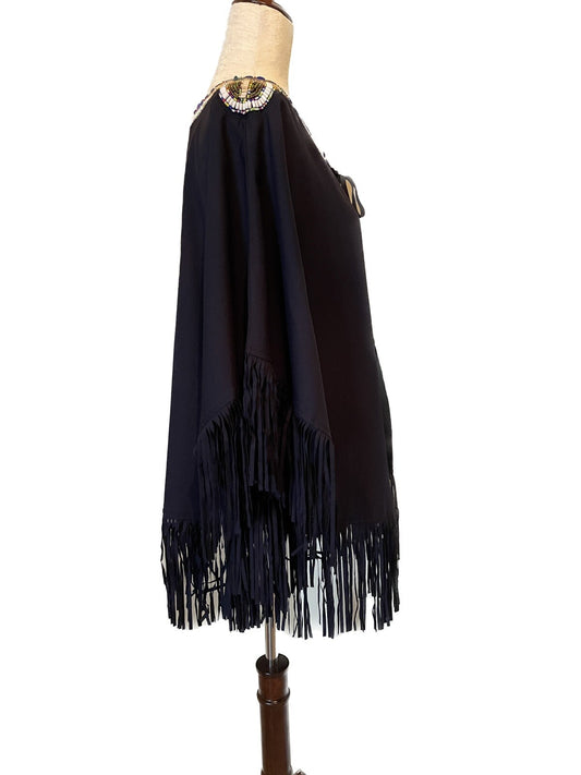 ALBERTO MAKALI Navy Blue Beaded Cape Poncho with Fringe, Size Medium1