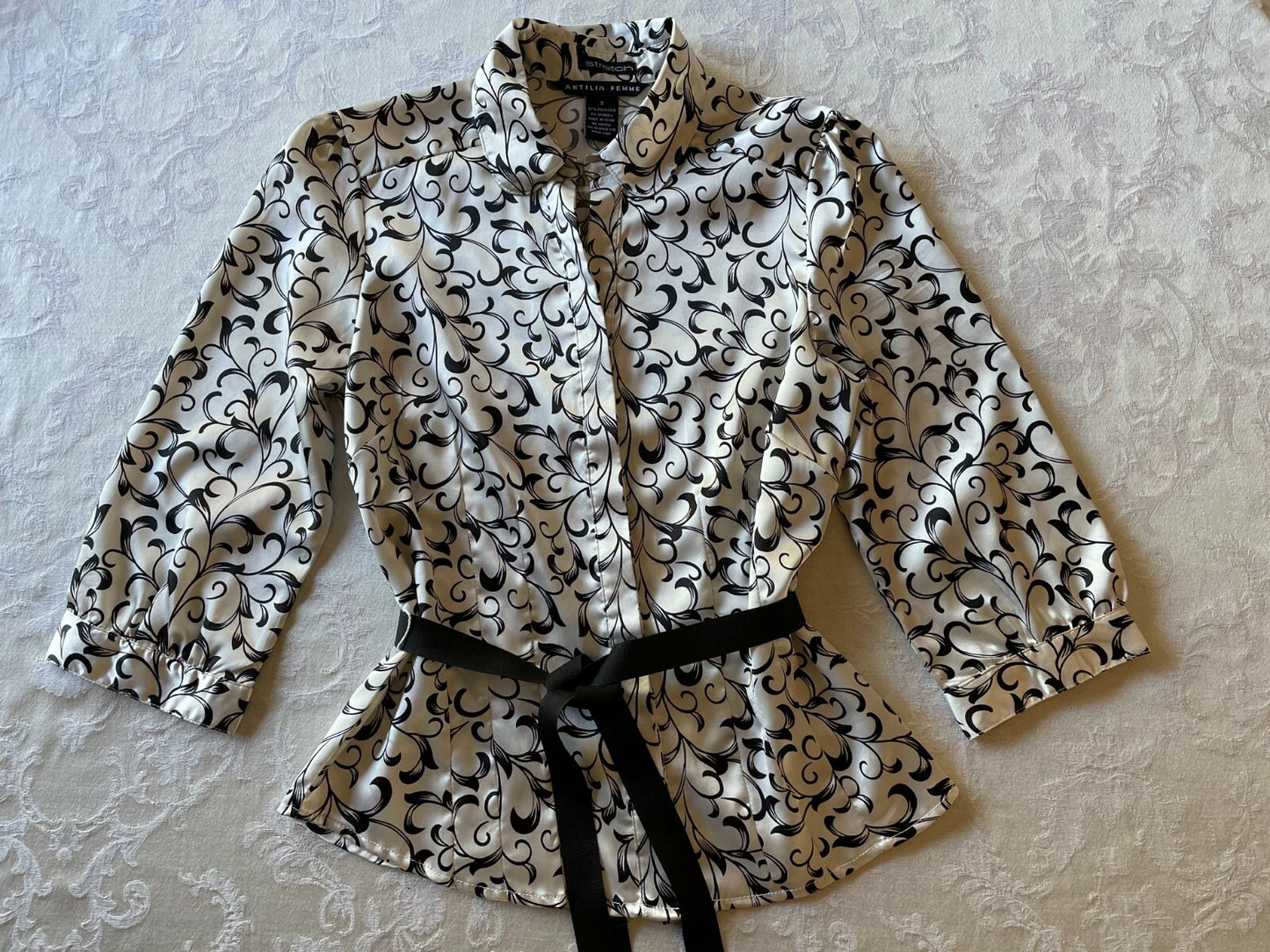 Classic White & Black Swirl Blouse with Ribbon Tie, Size Small3