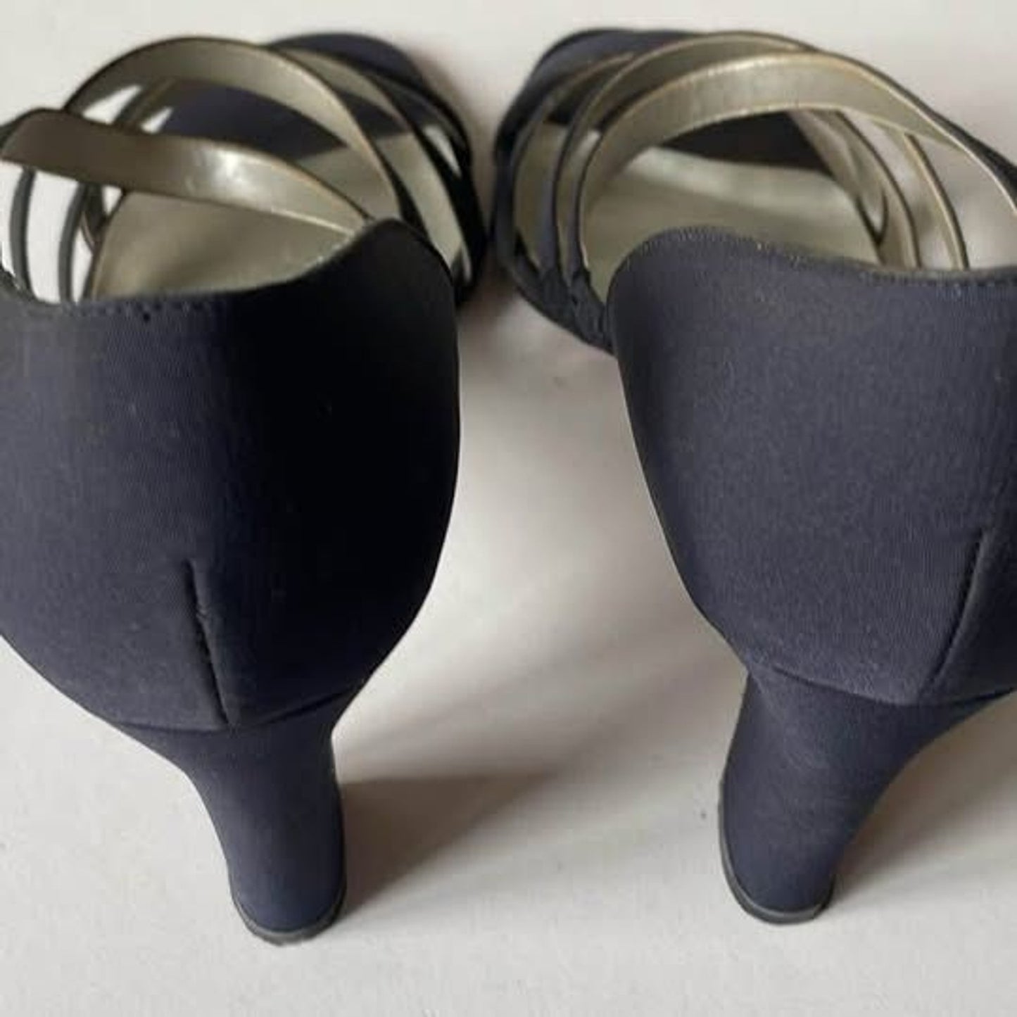 Nina Navy Strappy Leather and Satin 3.5 inch Sandals, Size 8.5M2