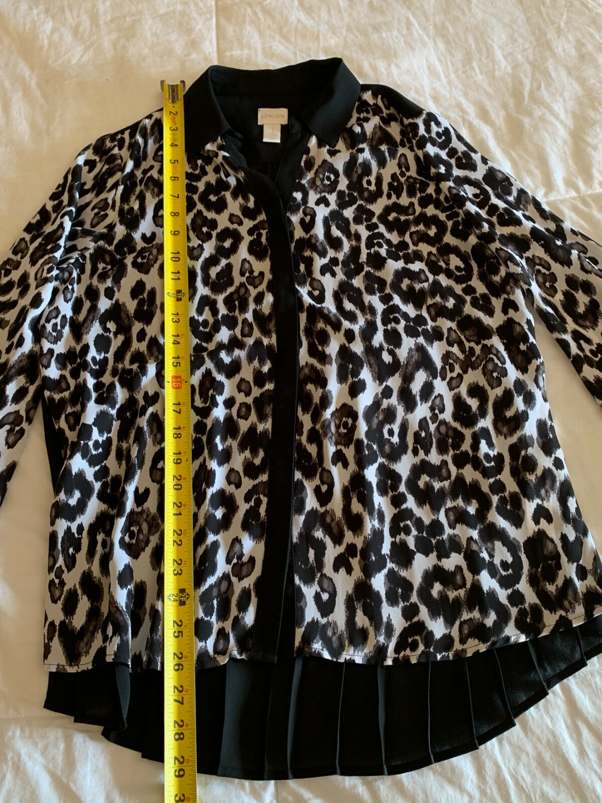CHICO'S Black and White Animal Print Pleated Blouse, Size 15