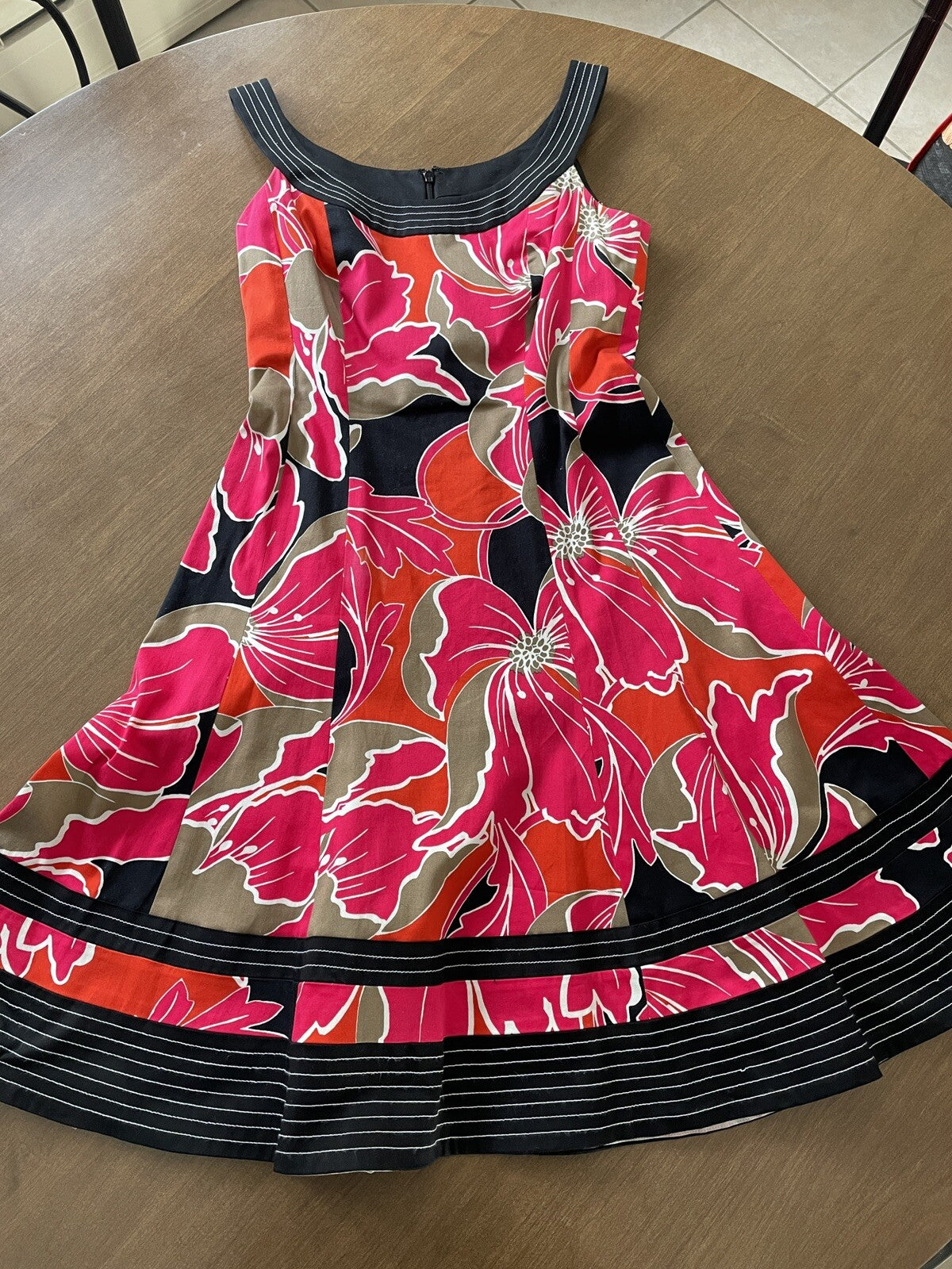 NINE WEST Red, Black Bold Floral Fit Flare Cotton Sleeveless Dress, Size 48