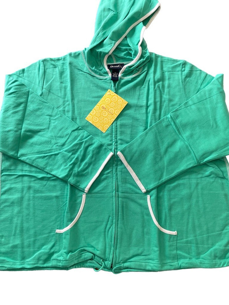 DENIM & CO New Jade Green % Cotton Hoodie w/White Trim and Pockets, Size 3X2