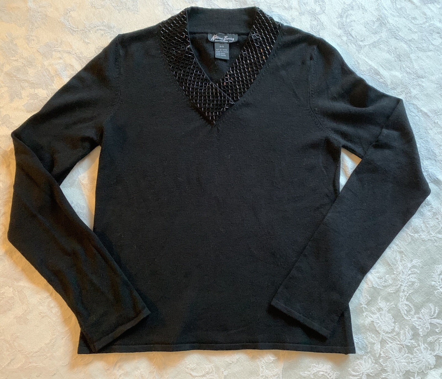 KATHERINE BARCLAY Black Sweater w/Beaded V-Neck2