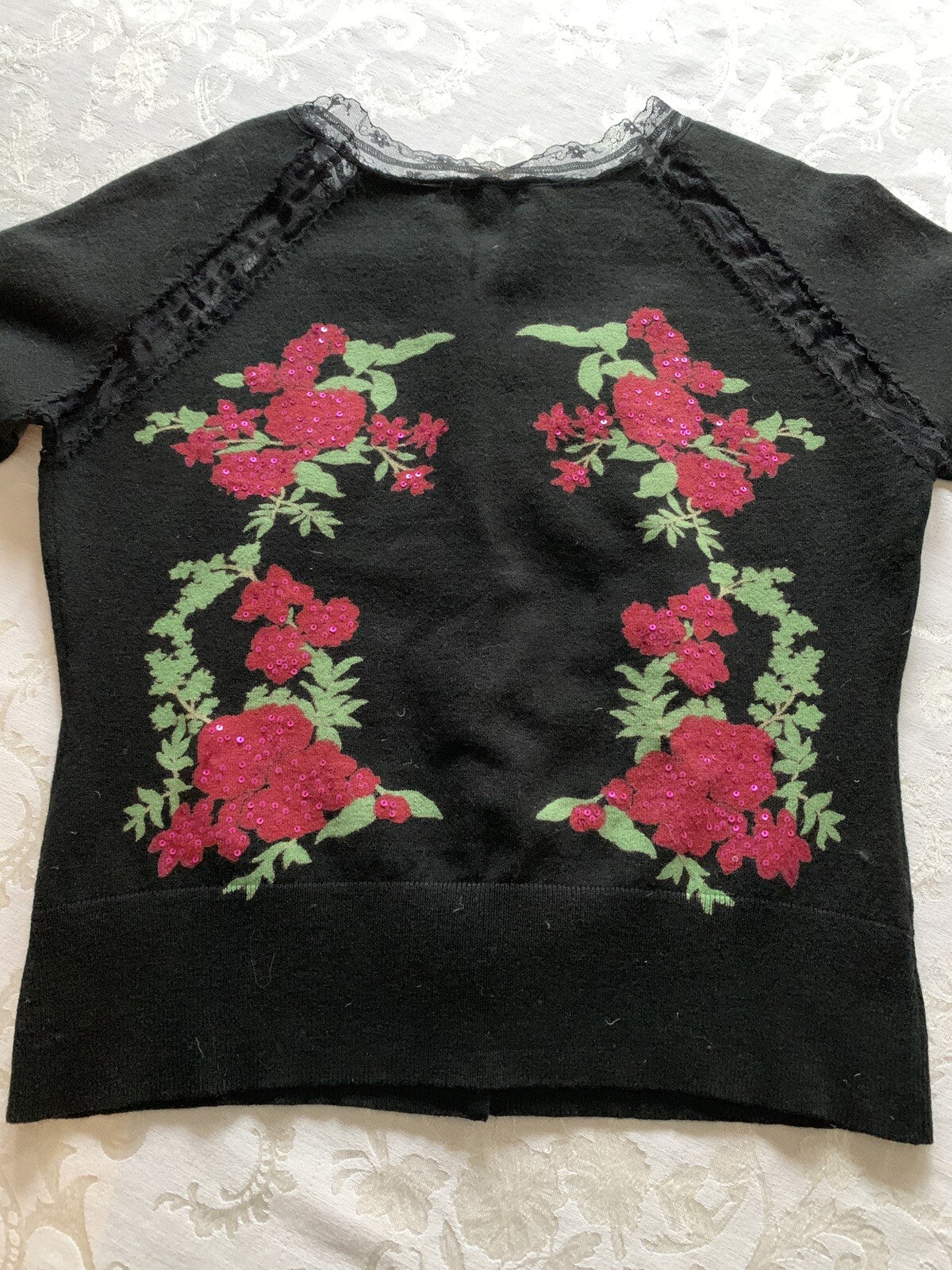 Black Lace Cotton Blend Sweater sequence flowers, Size M/L11