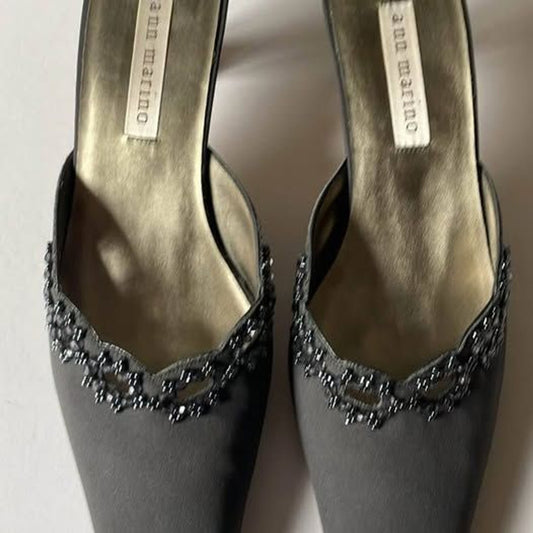 Ann Marino dark grey leather and satin beaded Mules, Size 8.5 with 3.5 inch heel1