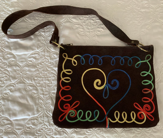 70's Vibe Groovy Brown Suede Medium Size Handbag with Vibrant Color Threading0
