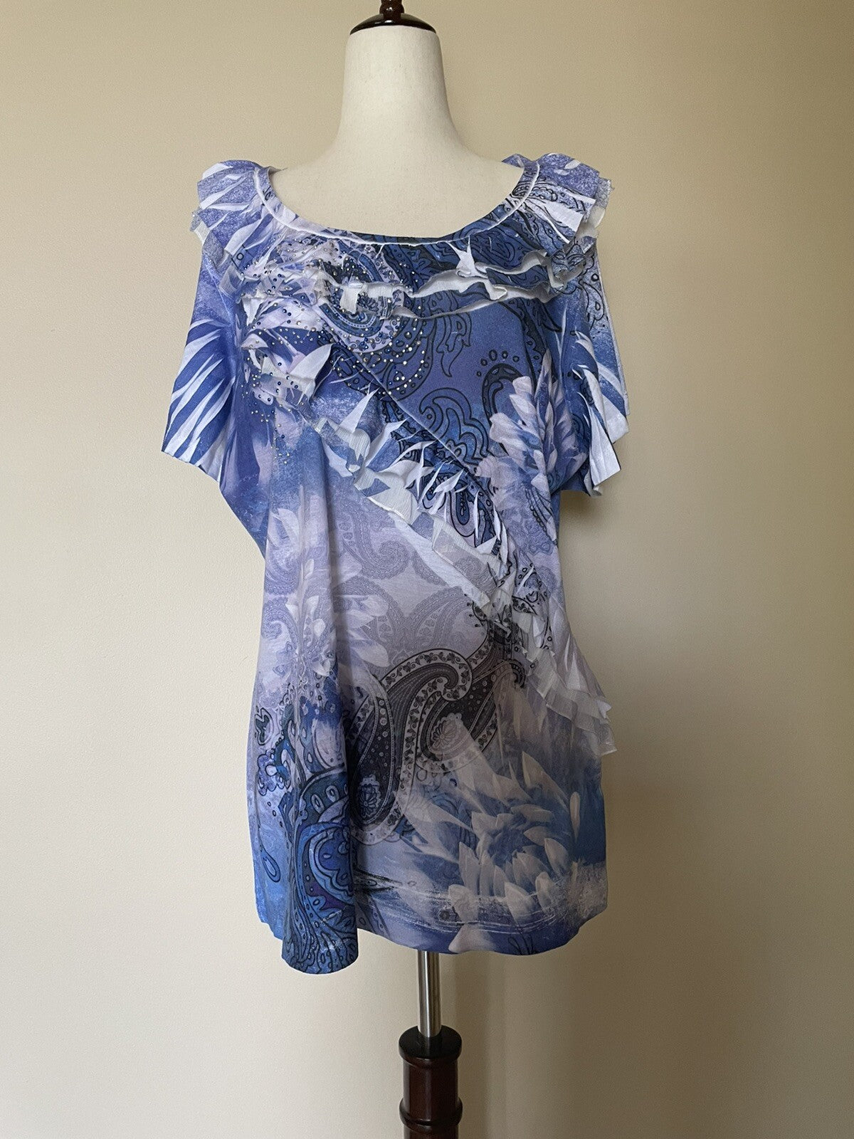 FRENCH BAZAAR Ruffle Paisley Top w/Sequin, Size L0