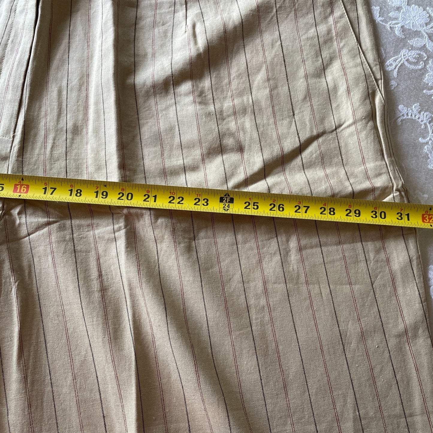 JESSICA LONDON New Beige Linen Chino Pants with Burgundy Pinstripes, Size 34W10