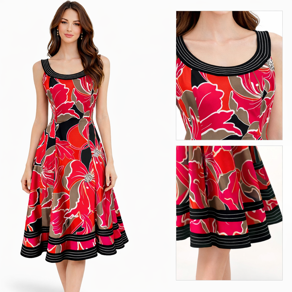 NINE WEST Red & Black Bold Floral Fit & Flare Dress, Size 4