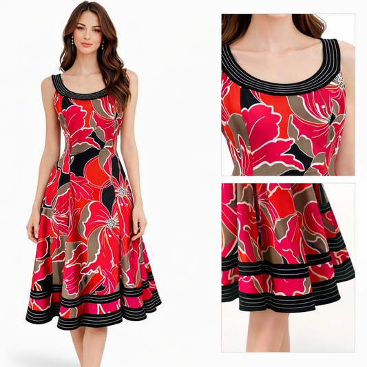 NINE WEST Red & Black Bold Floral Fit & Flare Dress, Size 4