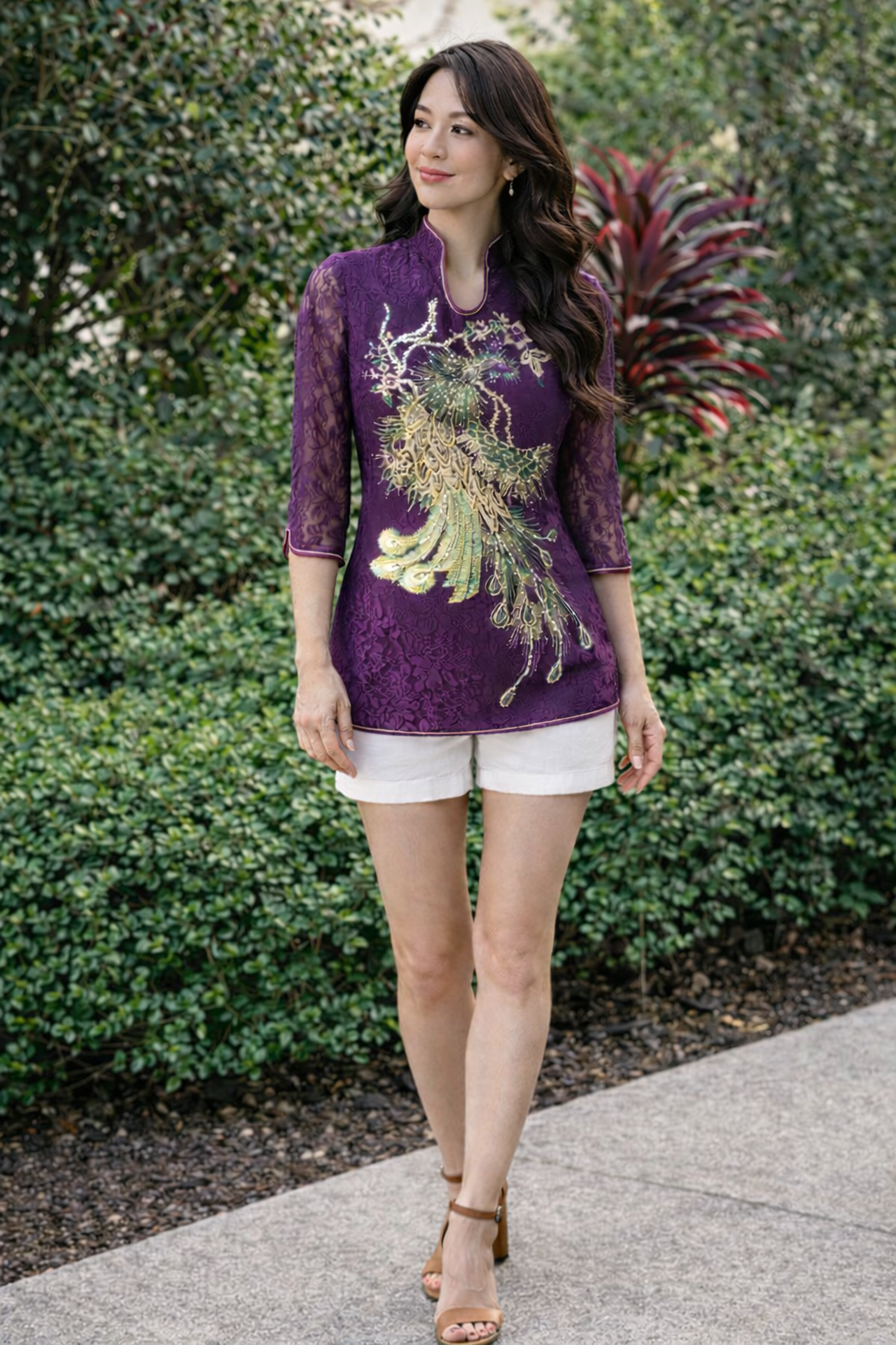 ROYAL FASHION Purple Lace Peacock Embellished Top