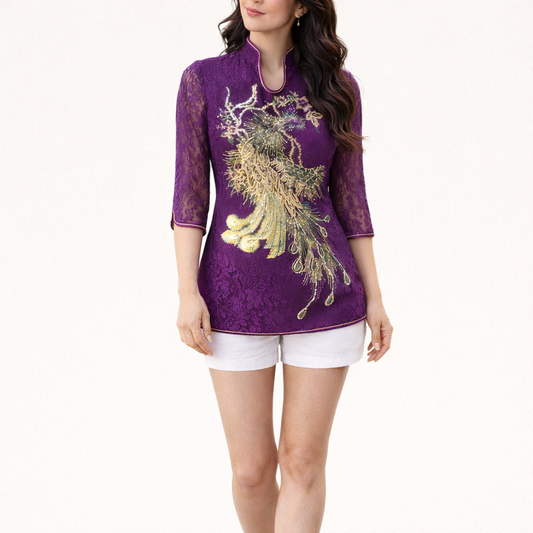ROYAL FASHION Purple Lace Peacock Embellished Top