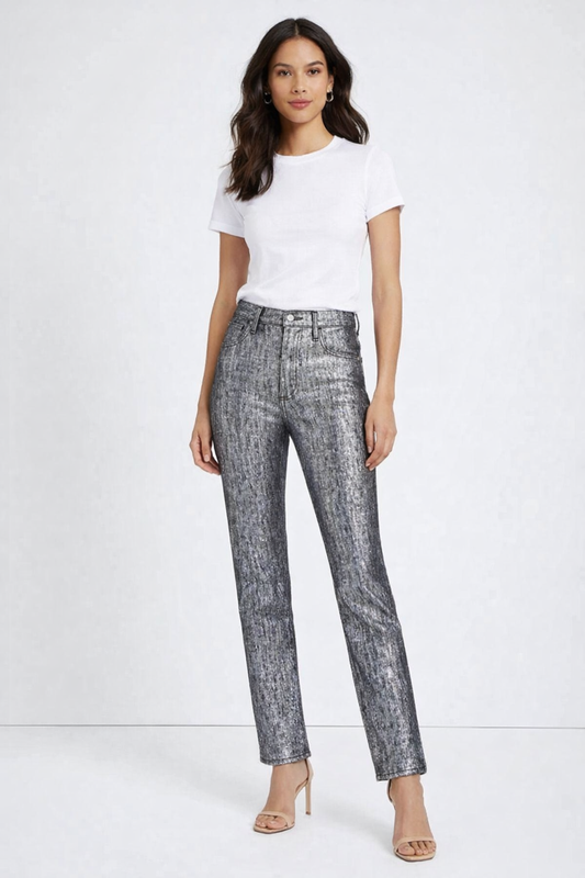 7 FOR ALL MANKIND NWT Metallic Foil Easy Slim Fit Jeans, Size 25