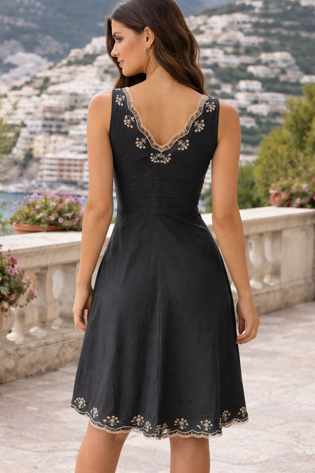 ANN TAYLOR 100% Cotton Black Sleeveless Dress with Gold Embroidery – Size 2 Petite