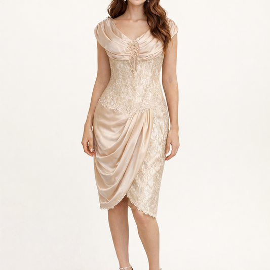 LORRIE KABALA Collectable Vintage Elegant Cream Lace Beaded Draped Dress, Size 8