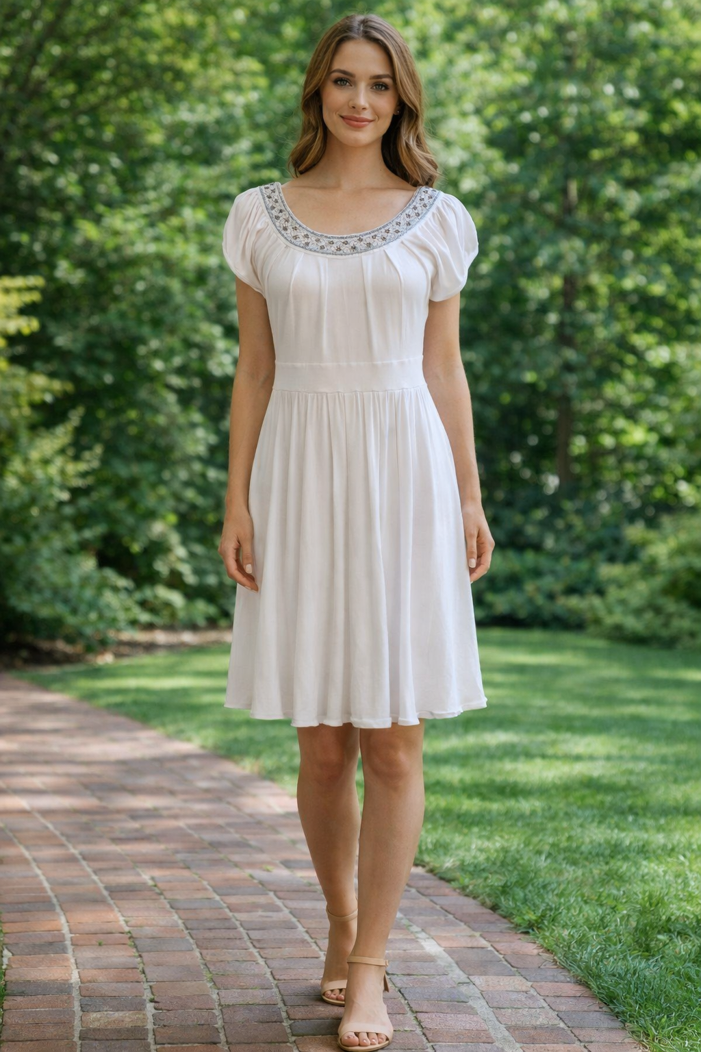 White Dress with Silver Beaded Scoop Neckline (Size S)