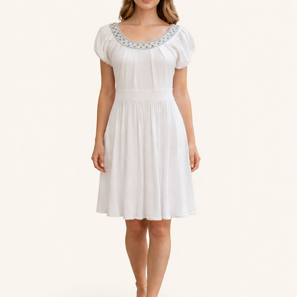 White Dress with Silver Beaded Scoop Neckline (Size S)