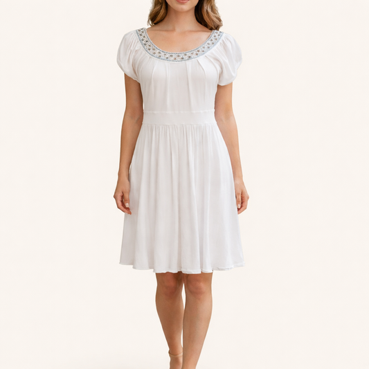 White Dress with Silver Beaded Scoop Neckline (Size S)